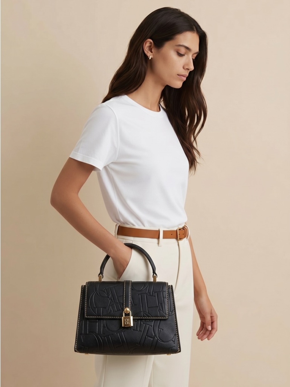 Carolina Herrera Black Embossed CH Top-Handle Satchel with Gold Lock